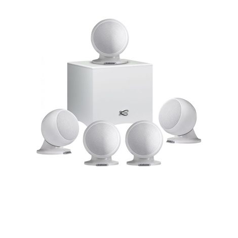 Le système Home Cinéma 5.1 Cabasse Alcyone 2 est èquipé de 5 enceintes sphériques Alcyone 2, et d'un caisson de basses.