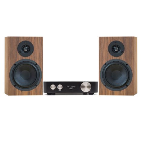 La chaîne compacte comprends un ampli connecté haute fodélité Octavio 32v et une paire d'enceintes acoustiques Pro-Ject Speaker Box-5 S2.