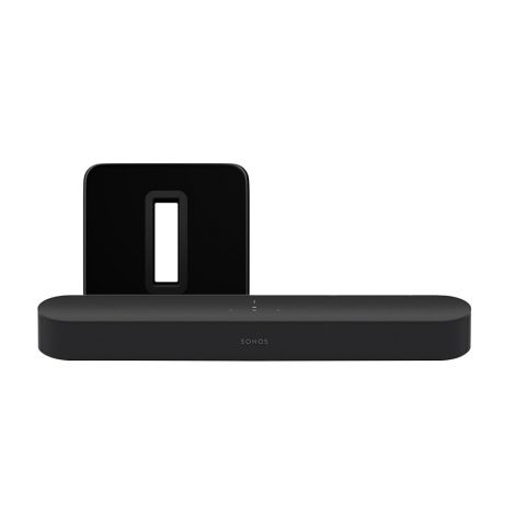 Pack Home Cinéma sans fil, composé d'une barre de son Sonos Beam et d'un caisson de basse sans fil Sonos Sub.