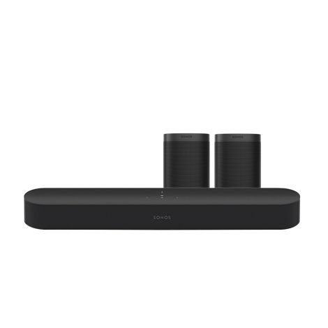 Pack Home Cinéma sans fil, composé d'une barre de son Sonos Beam, et de deux enceintes surround Sonos One SL.