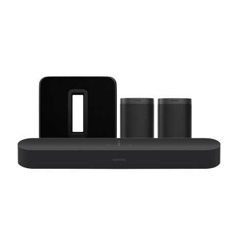 Pack Home Cinéma sans fil, composé d'une barre de son Sonos Beam, de deux enceintes Sonos One SL, et d'un caisson de basse sans fil Sonos Sub.